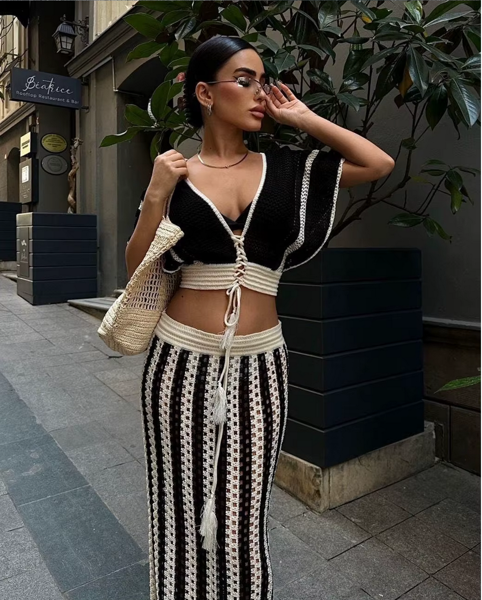 Striped Knitted Hollow Out Long Skirts With V-Neck Short Sleeve Crop Tops