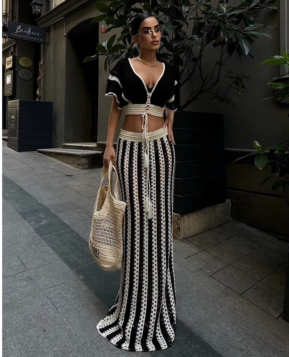 Striped Knitted Hollow Out Long Skirts With V-Neck Short Sleeve Crop Tops