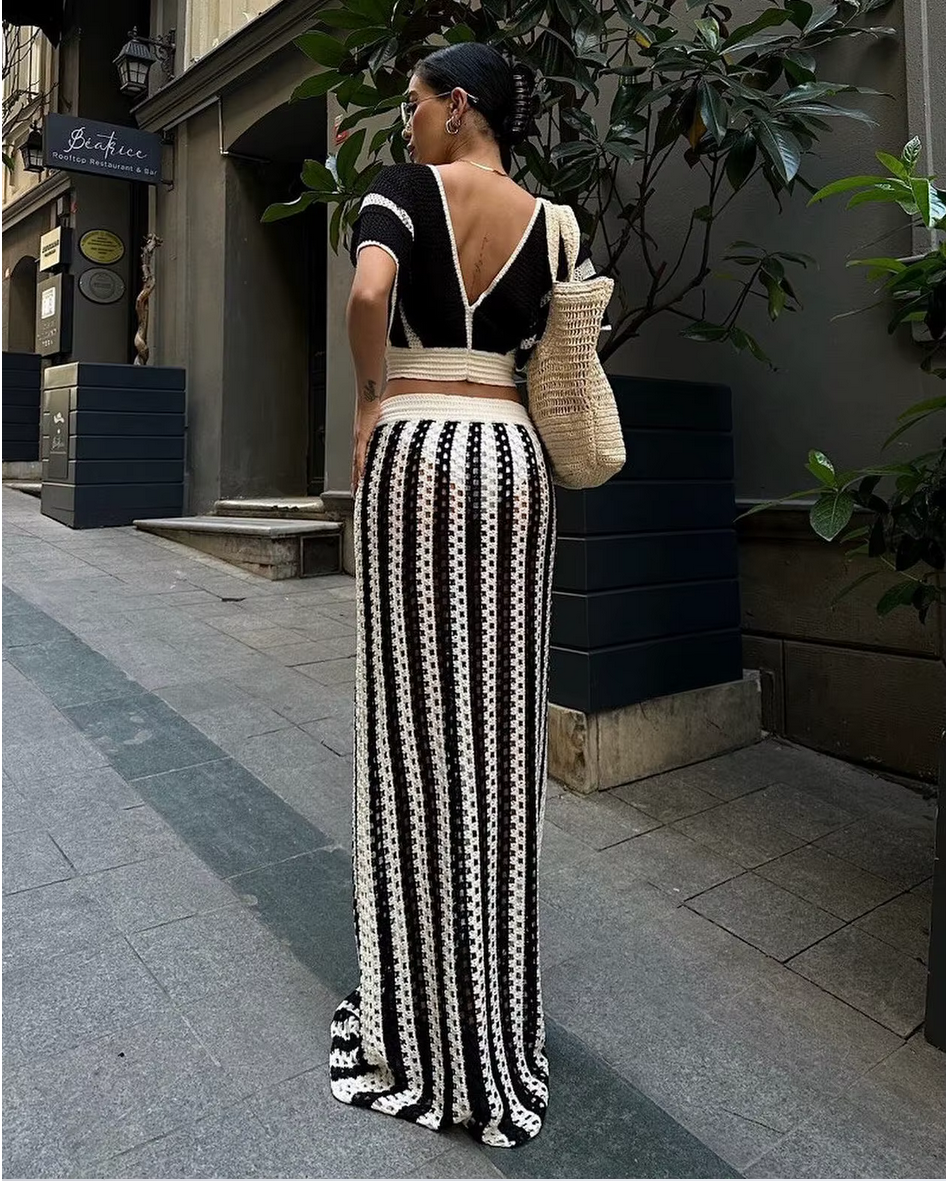 Striped Knitted Hollow Out Long Skirts With V-Neck Short Sleeve Crop Tops