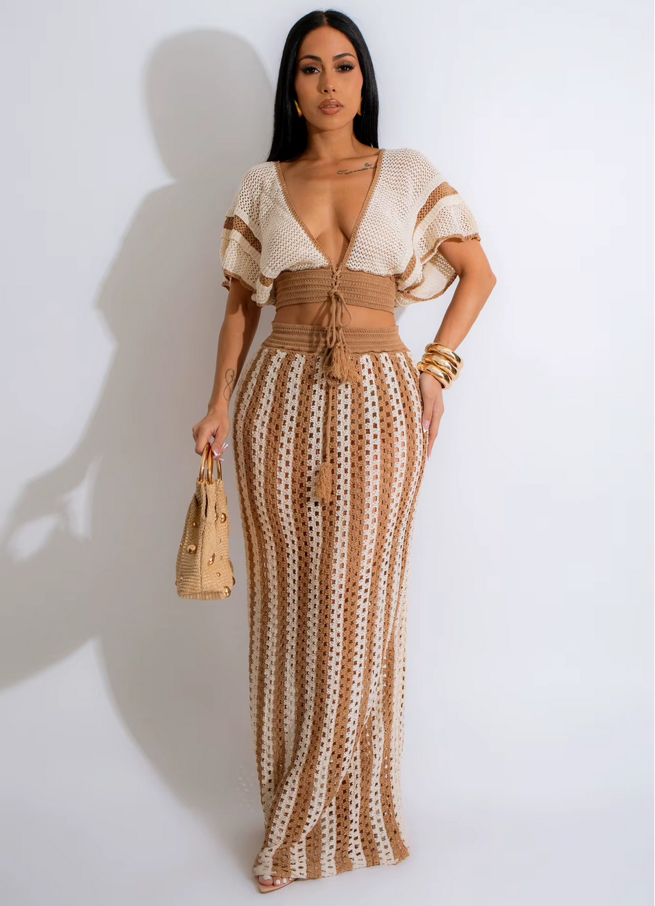 Striped Knitted Hollow Out Long Skirts With V-Neck Short Sleeve Crop Tops