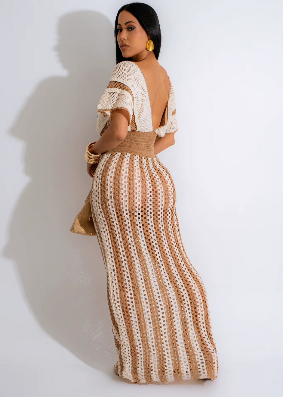 Striped Knitted Hollow Out Long Skirts With V-Neck Short Sleeve Crop Tops