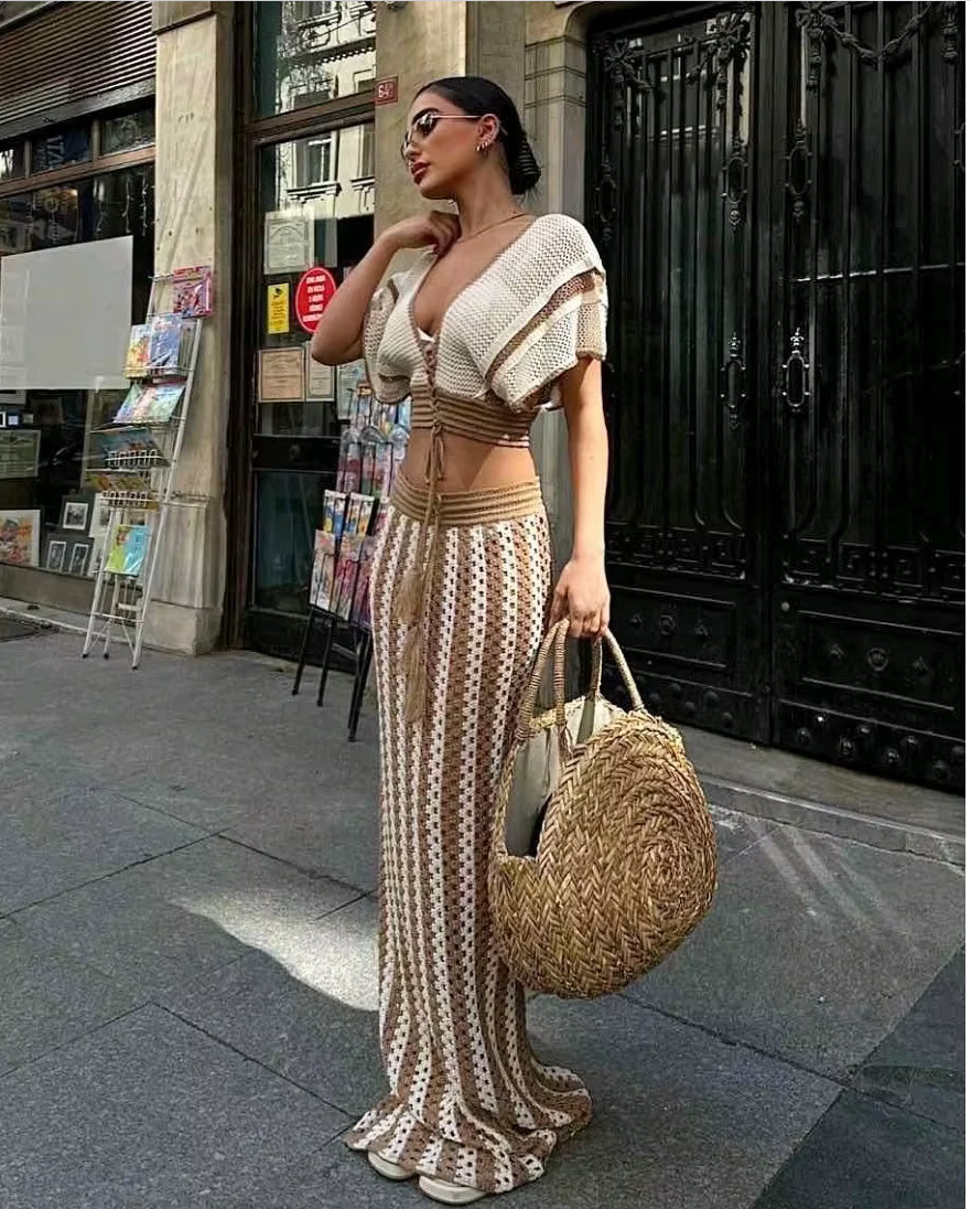 Striped Knitted Hollow Out Long Skirts With V-Neck Short Sleeve Crop Tops