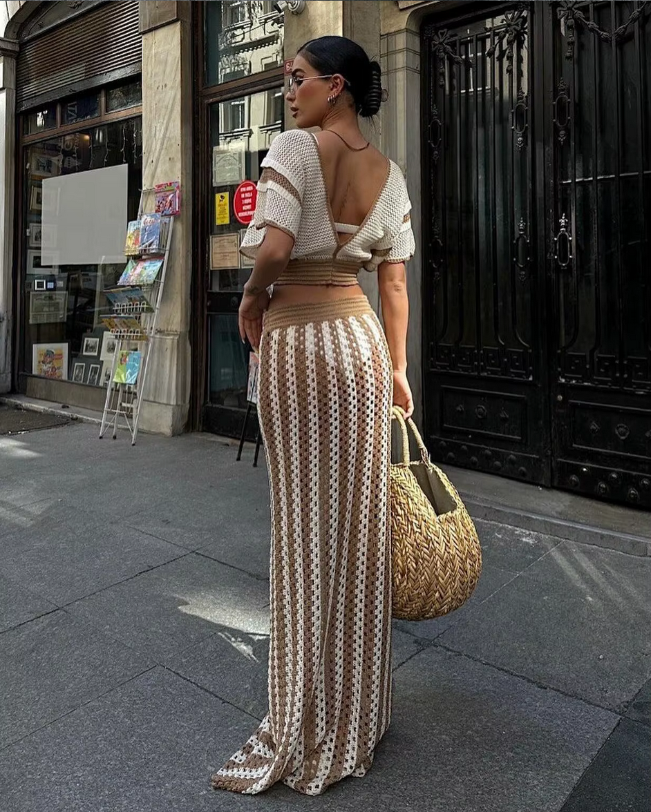 Striped Knitted Hollow Out Long Skirts With V-Neck Short Sleeve Crop Tops