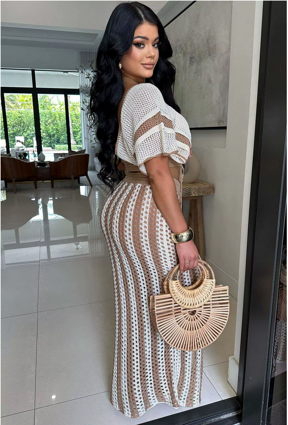 Striped Knitted Hollow Out Long Skirts With V-Neck Short Sleeve Crop Tops