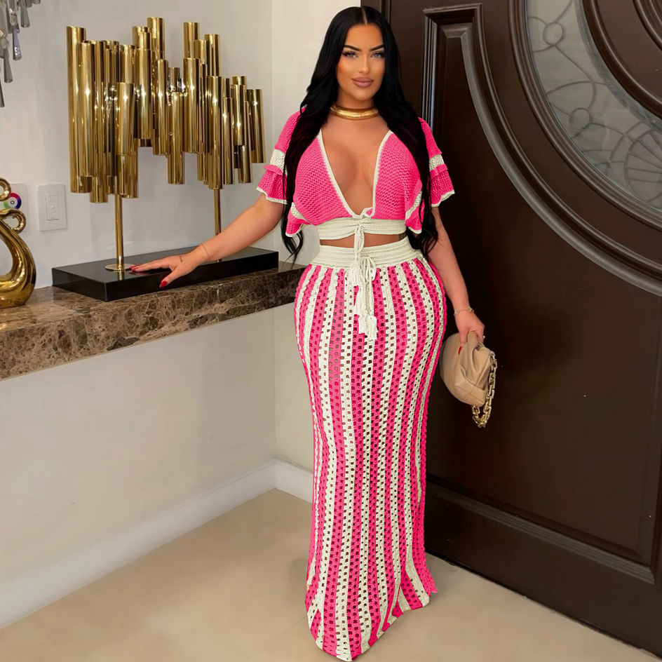 Striped Knitted Hollow Out Long Skirts With V-Neck Short Sleeve Crop Tops