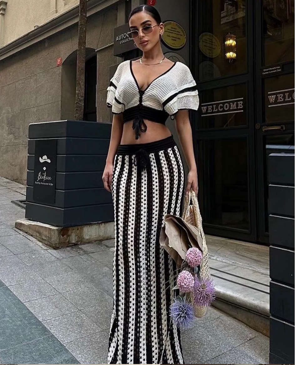 Striped Knitted Hollow Out Long Skirts With V-Neck Short Sleeve Crop Tops