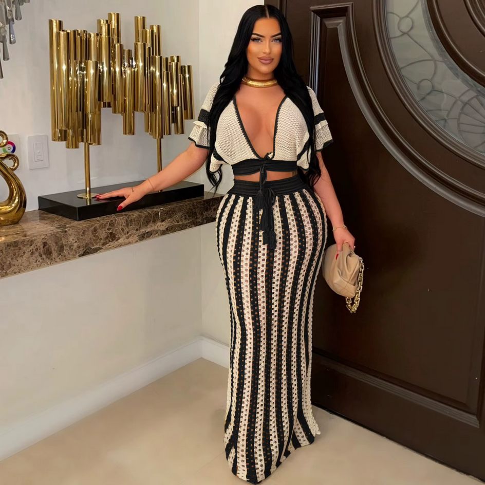 Striped Knitted Hollow Out Long Skirts With V-Neck Short Sleeve Crop Tops