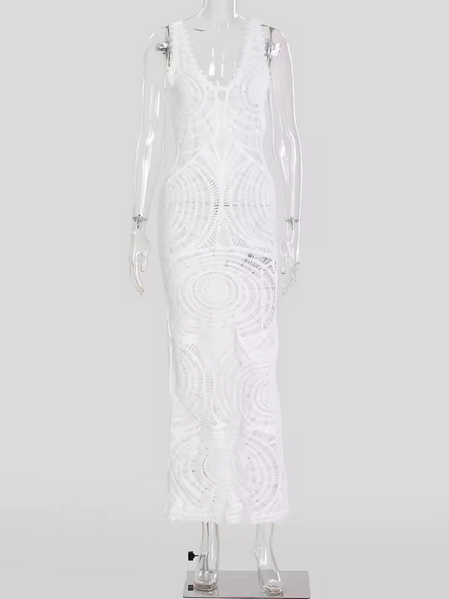 Knitted Crochet V Neck Sleeveless Hollow Out Beach Vacation Dresses