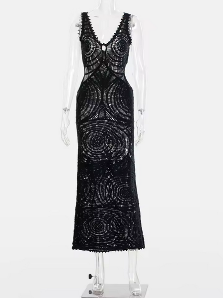 Knitted Crochet V Neck Sleeveless Hollow Out Beach Vacation Dresses