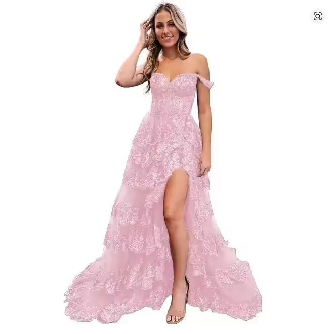 Sexy Lace High Slit Printed Evening Gowns