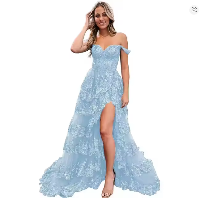 Sexy Lace High Slit Printed Evening Gowns