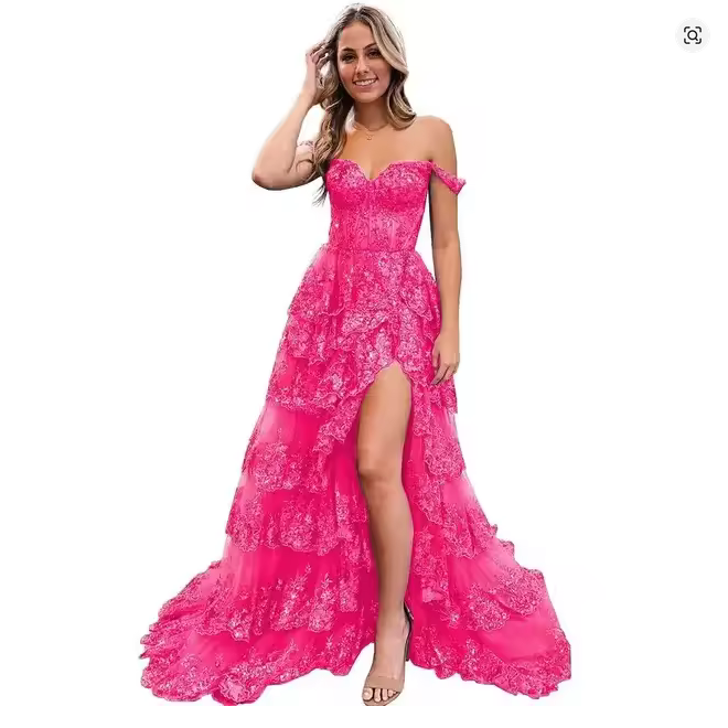 Sexy Lace High Slit Printed Evening Gowns