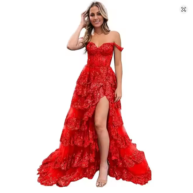 Sexy Lace High Slit Printed Evening Gowns