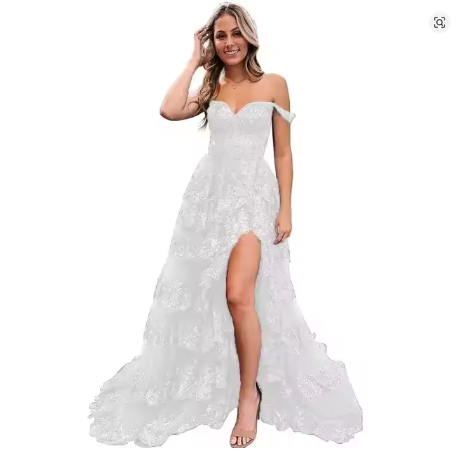 Sexy Lace High Slit Printed Evening Gowns