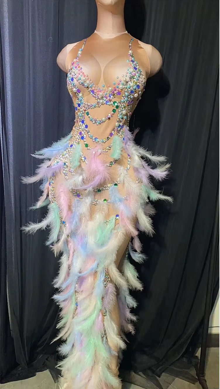 Sexy Purple Crystal Feather Stretch Nude Evening Party Bodycon Dress
