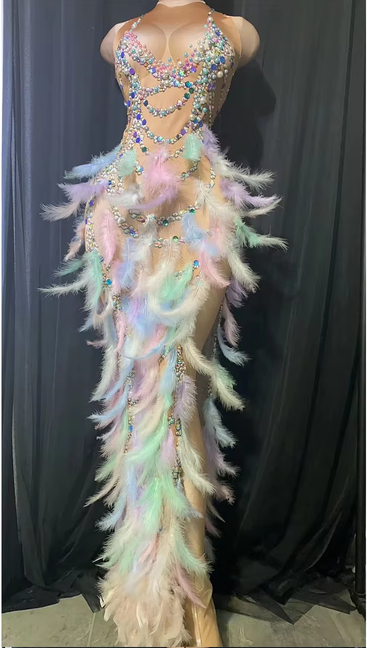 Sexy Purple Crystal Feather Stretch Nude Evening Party Bodycon Dress