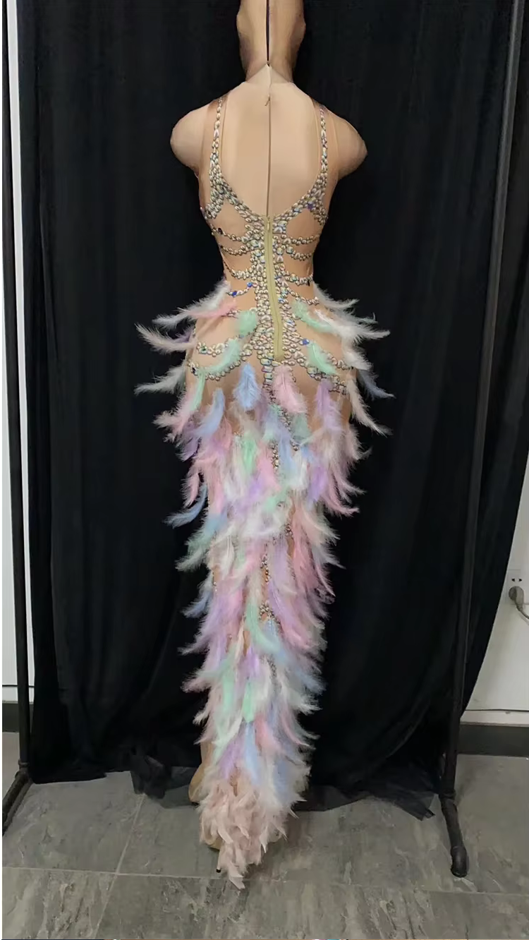 Sexy Purple Crystal Feather Stretch Nude Evening Party Bodycon Dress