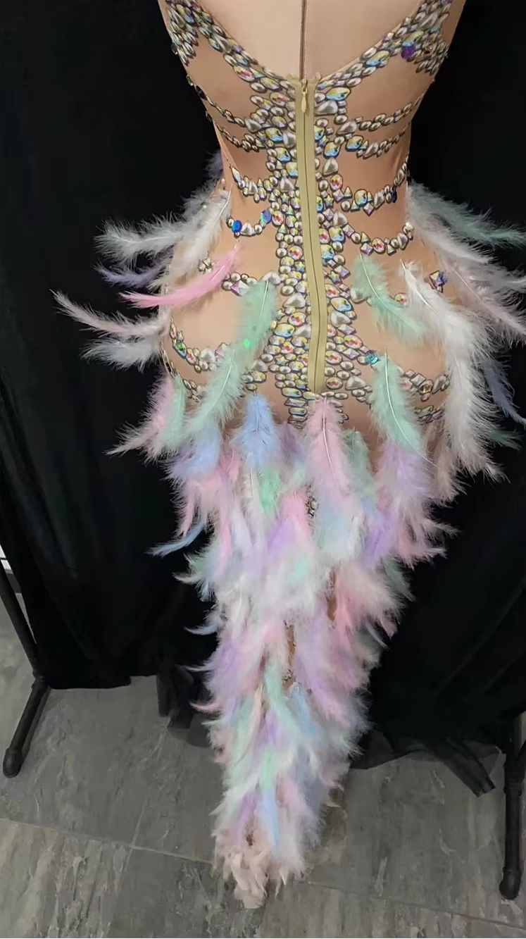 Sexy Purple Crystal Feather Stretch Nude Evening Party Bodycon Dress