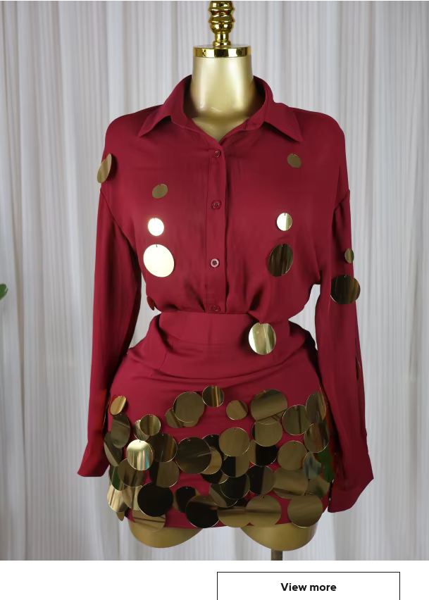 Fashion Sequined Splicing  Lapel Collar Shirt and Midi A-line Skirt Suit