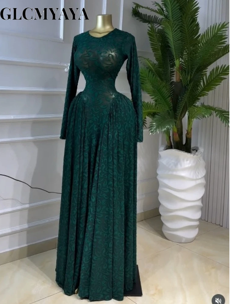 Lace Up O-neck Long Sleeve Big Swing A-line Maxi Dress