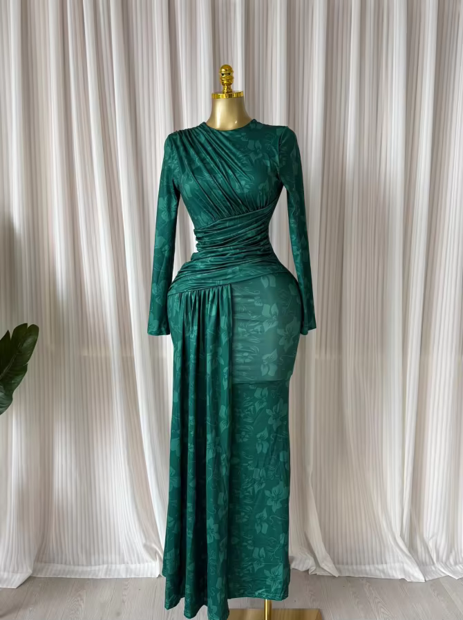 Ribbon O-neck Long Sleeve Maxi Dress