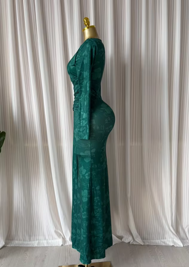 Ribbon O-neck Long Sleeve Maxi Dress