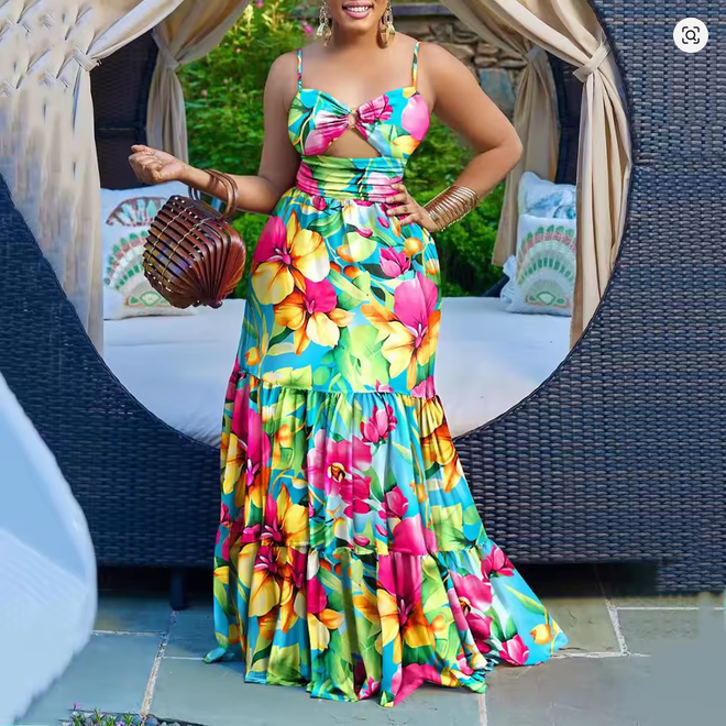 Spaghetti Strap Cutout Waist High Waist Big Swing Fit and Flare Maxi Dress