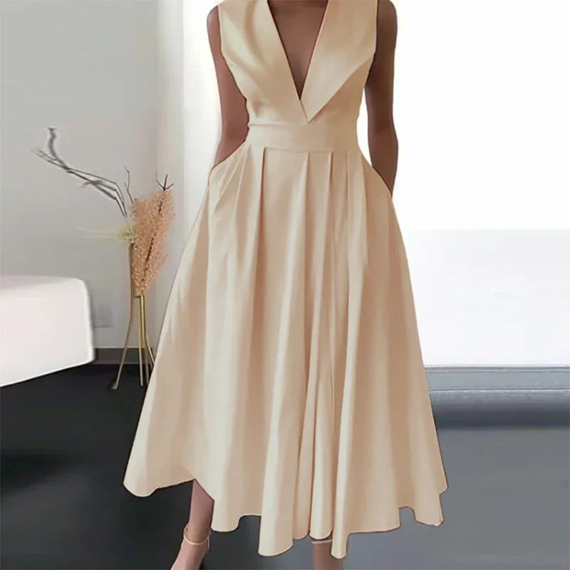 New Spring V Neck Draped Solid High Waist Pocket Pleated Long Dress