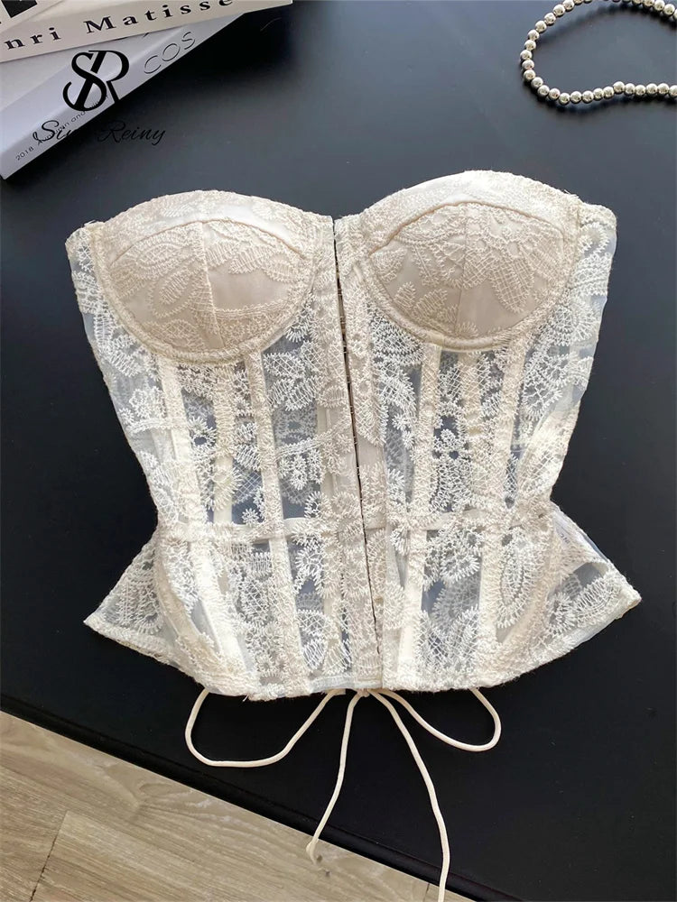 Floral Embroidery Sexy  Strapless Slim Corset Backless Tank Top