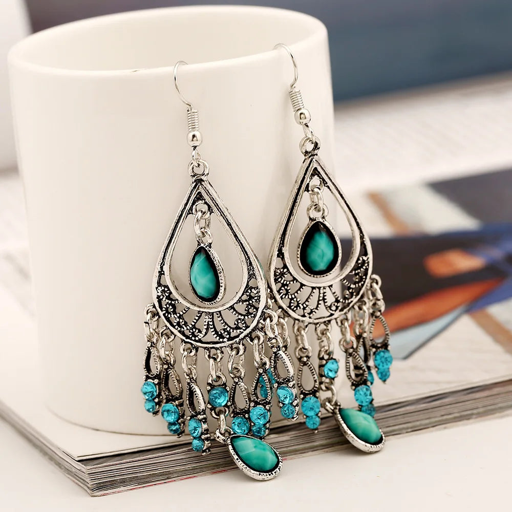 Bohemian Ethnic Style Antique Silver Color Alloy Hollow Acrylic Resin Gems Water Droplet Tassel Earrings