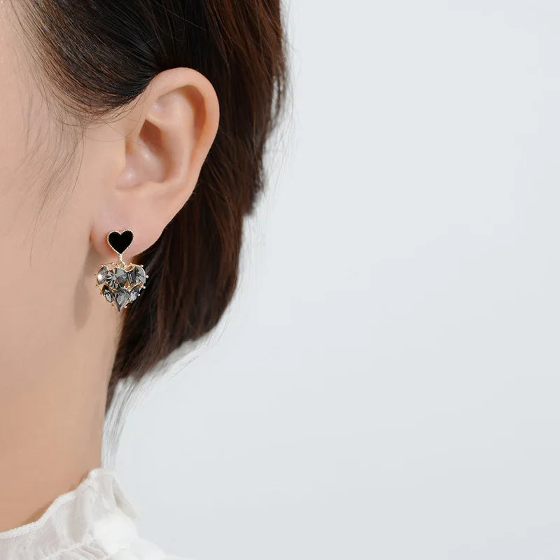 Black Rhinestone “Love” Earrings – Light Luxury Studs for Effortless Elegance
