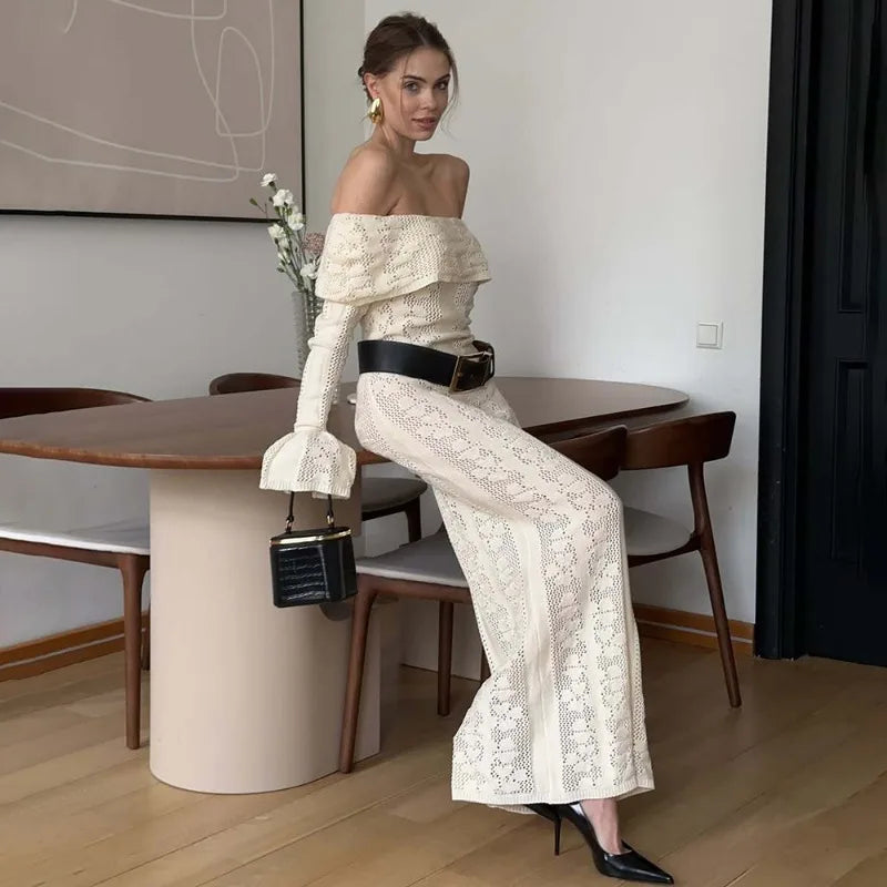 Elegant Knitted Fashion Hollow Out One Shoulder Vacation Long Dresses
