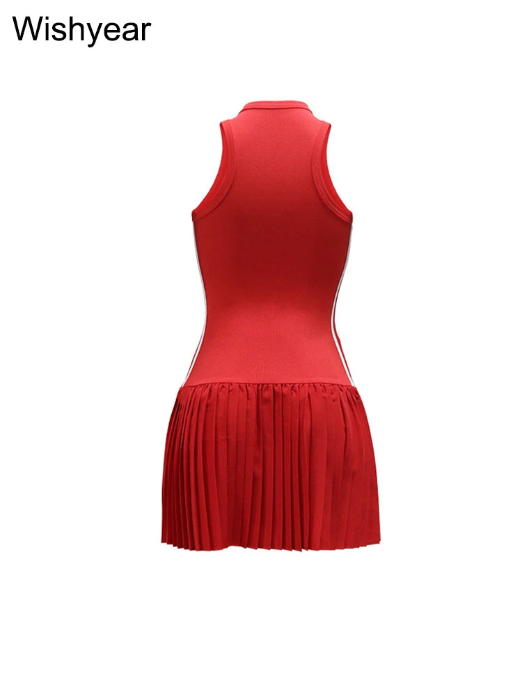 New Fashion O-neck Sleeveless Side Striped Ribbed Pleated Mini Dress