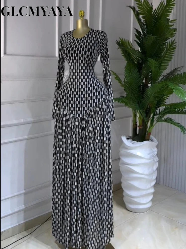 Plaid Round Neckline Long Sleeve Fit and Flare Long Maxi Dress