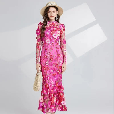 Summer High-end Embroidery Lace 3D Flower Short Sleeve Long Dress