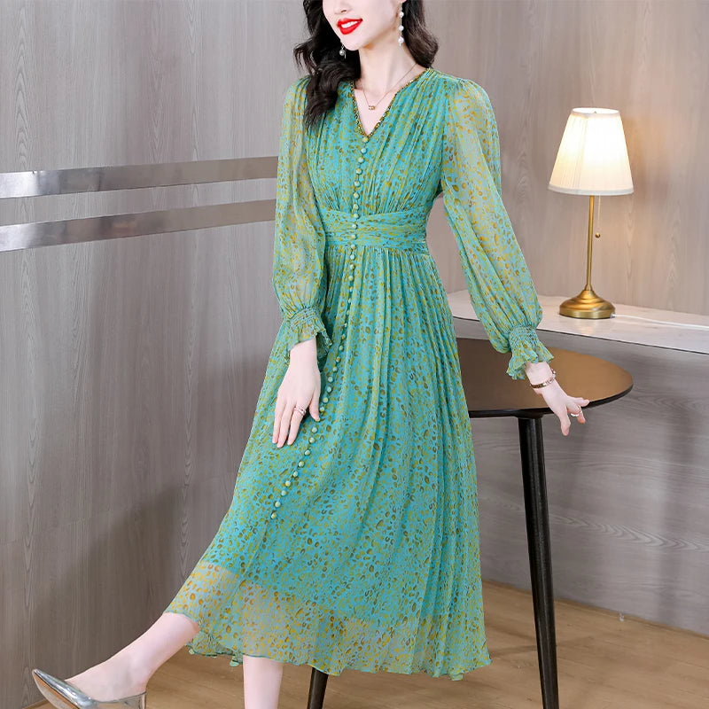 Summer New Long sleeved V-Neck French Silk Lace Splice Printed Waist Slim Over Knee Long Dress