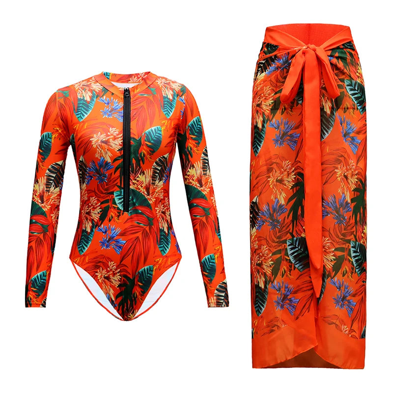 Sexy One Piece Long Sleeve Swimwear And Skirt