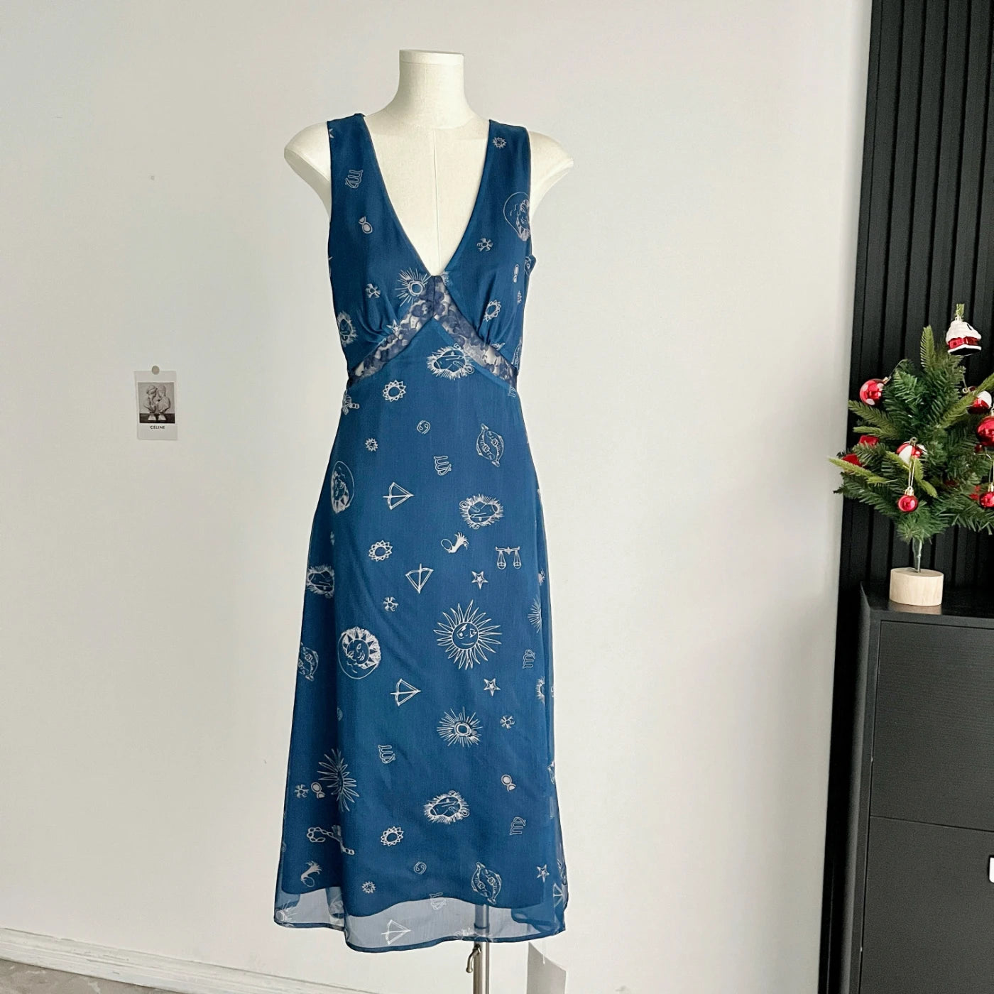 Elegant Vintage Original Design Print V-Neck Hollow Out Party Dress