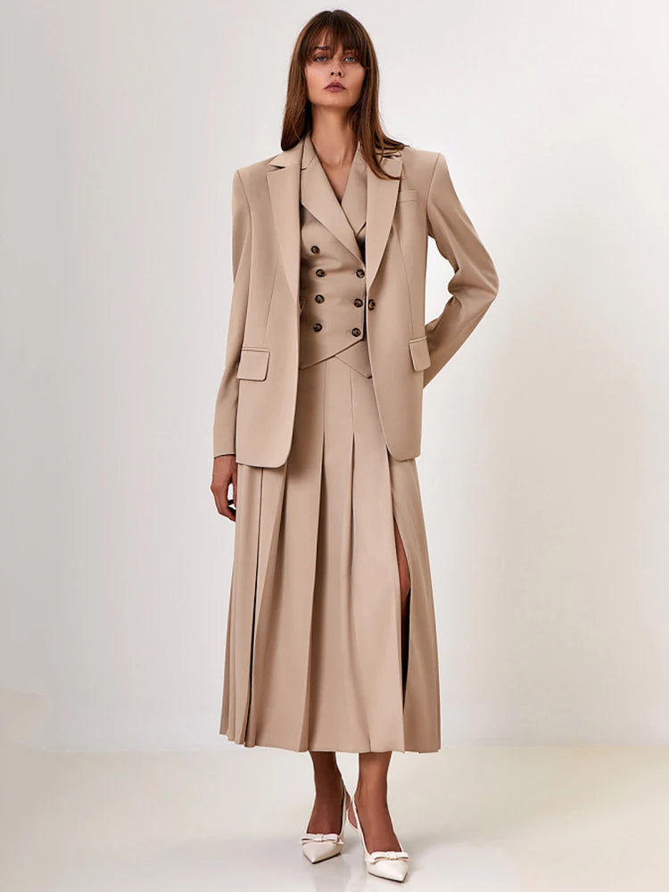 Notched Collar Pleated T Single Breasted Vest High Slit Skirt