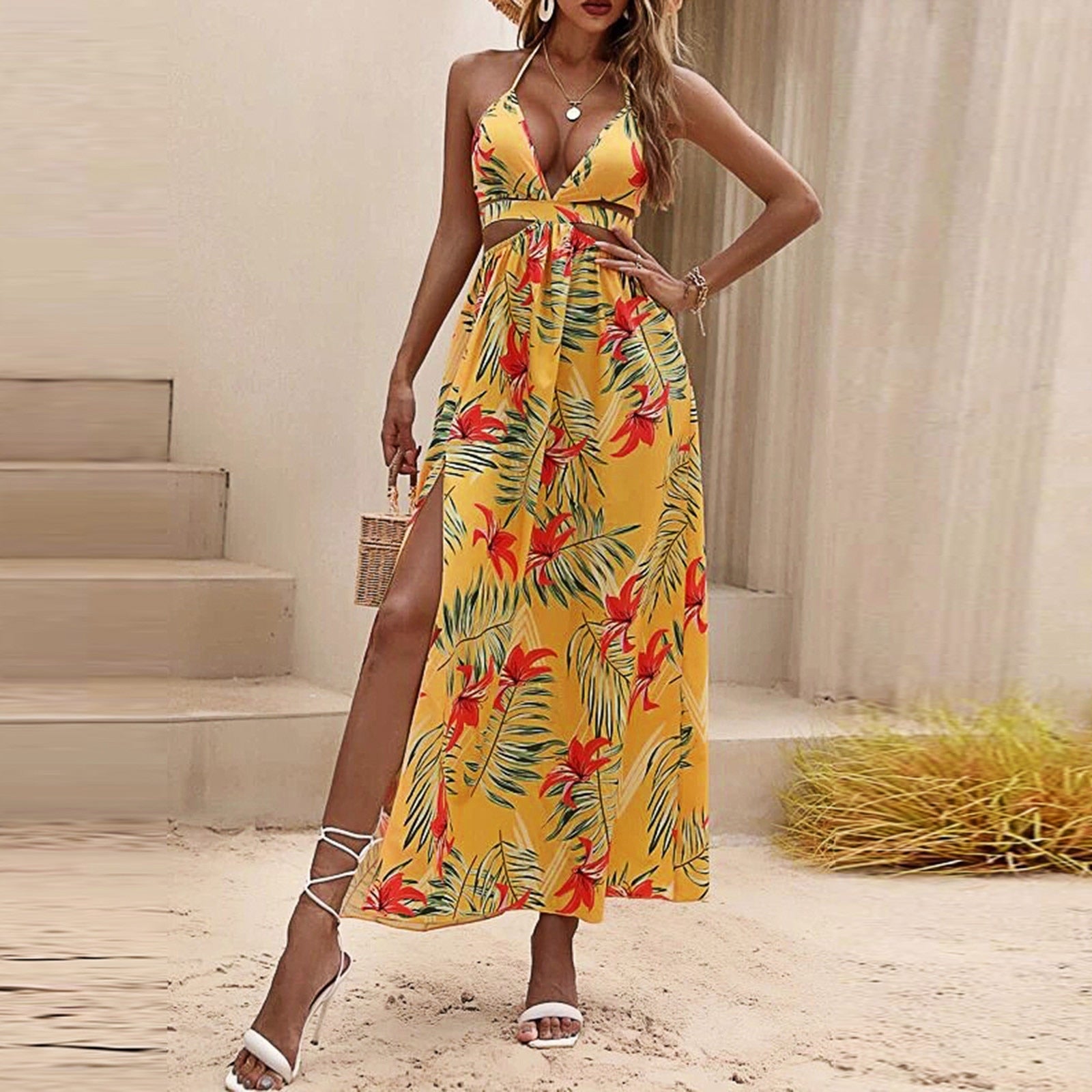 Summer Beach Sleeveless V-neck High Waist Slit Long Dress