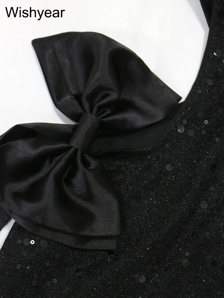 New Sequin Patchwork Elegant Bow Ribbion Sleeveless Black Short Dress