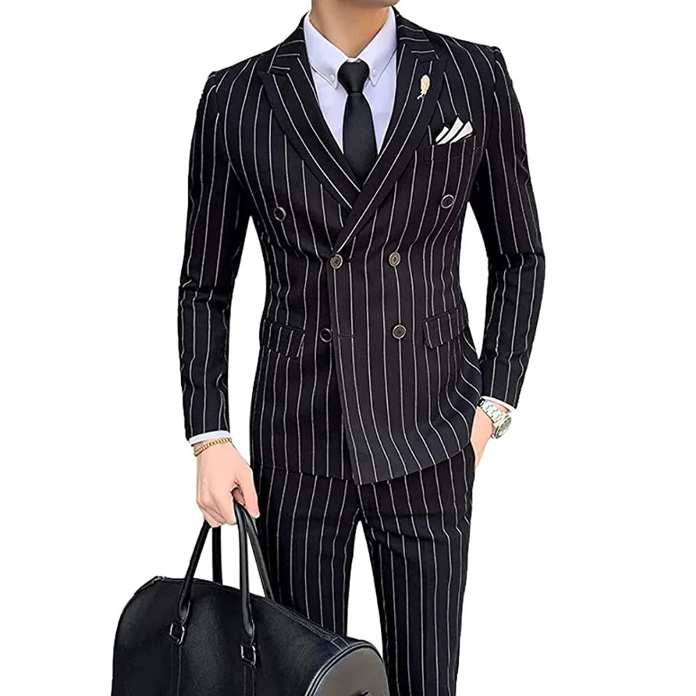 Double-breasted Wedding Groomman Pinstripe Notched Lapel For  (Blazer+Pants)