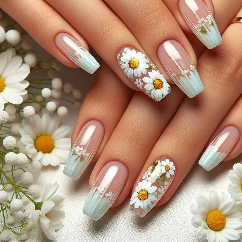 24pcs Mid-length  Flower Design Stick on Fake Nail