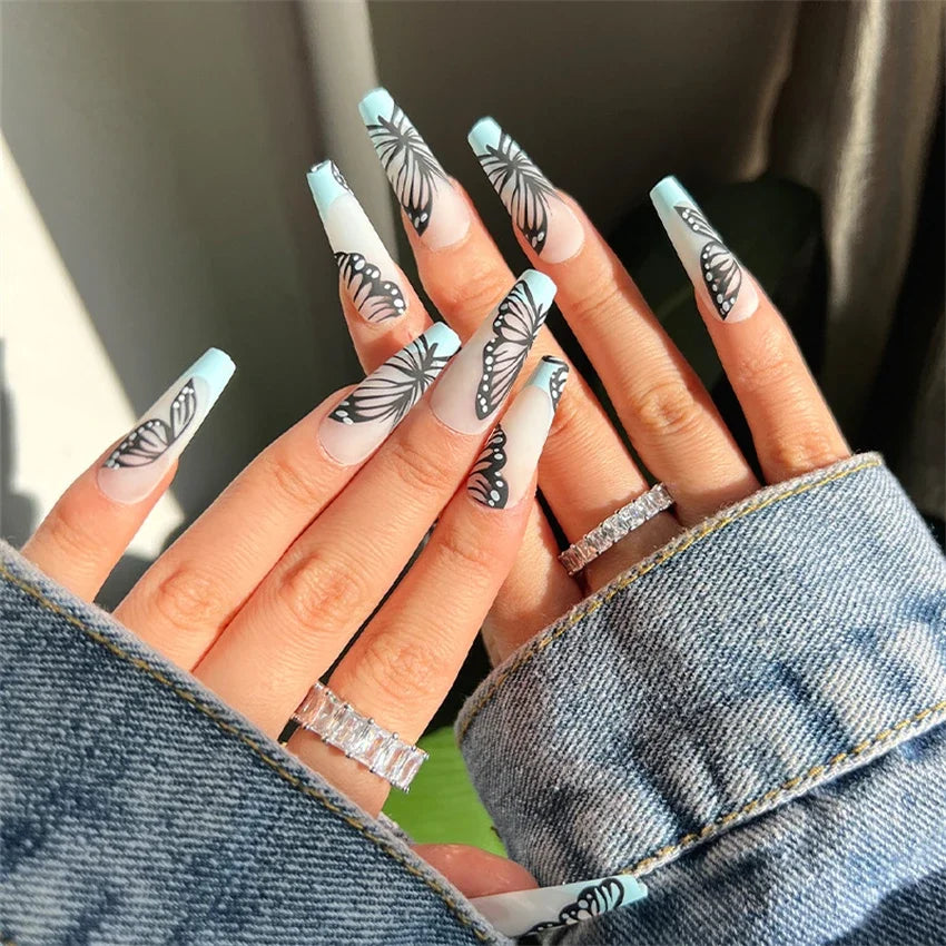24Pcs/Set French Ballet Fake Nails Art Stars Sky Eyes Wearing False Nails