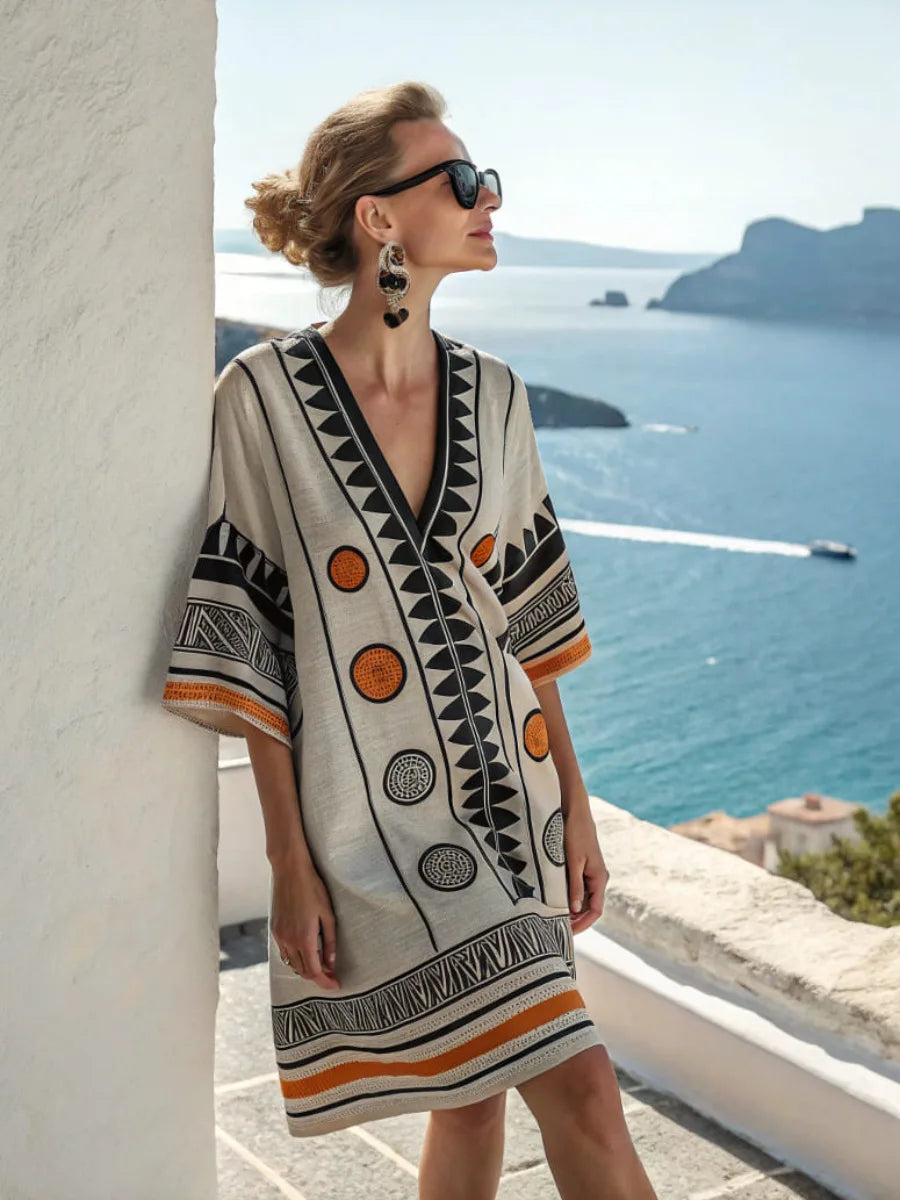 2025 Summer V-Neck Floral Print Loose Beach Dress