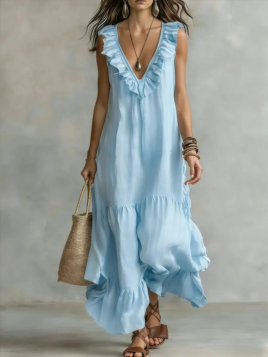 New Women's Casual Sleeveless V‑Neck Large Swing Dress
