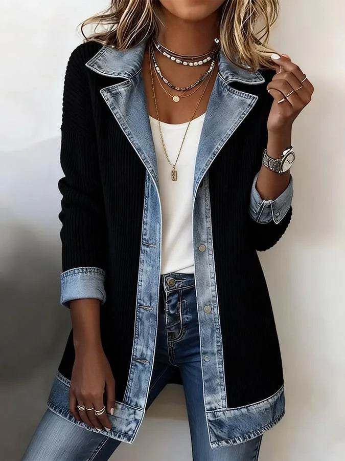 Women’s Slim Patchwork Coat – Autumn & Spring Turn-Down Collar Jacket with Metallic Buttons