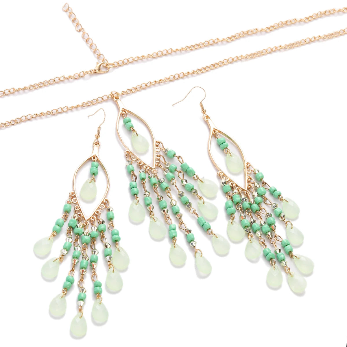 Bohemian Multicolor Crystal Long Tassel Dangle Earrings & Necklace Set – Retro Gold-Plated Geometric Wedding Jewelry