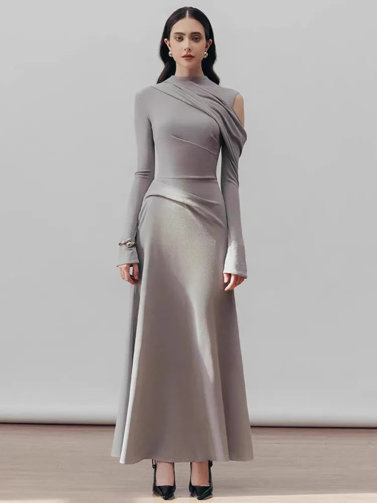 Round Collar Hollow Out Shoulder Solid Color A Line Luxury Dress