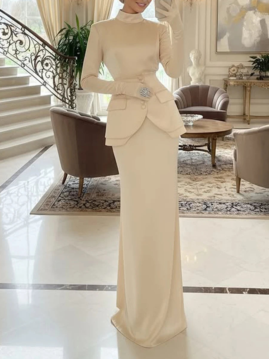 Solid Slimming  Stand Neck Long Sleeves Tunic Top High Waist Skirt Two Piece Sets
